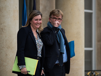 President of the Assemblee Nationale Yael Braun-Pivet and Agriculture Minister Marc Fesneau leave the Elysee Palace after the majority crisi...
