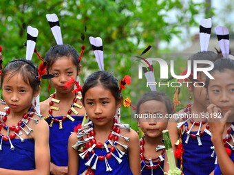 Naga kids in traditional attires looks as they wait to perform a traditional dance during the Moastu festival at Chuchuyimlang village, unde...