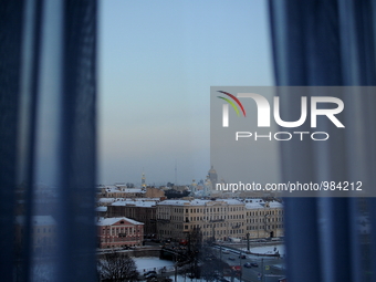 View on the frozen river Fontanka from room of Azimut hotel, which is situated in the historical part of St. Petersburg. Russia, Tuesday, Ja...