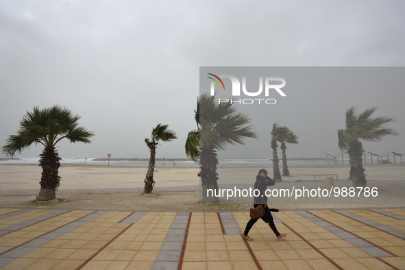 An Israeli woman walks barefoot at the beach on a stormy weather day in the coastal city Herzliya, North of Tel-Aviv on January 08, 2016.  