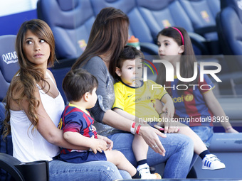 Antonella Roccuzzo, Messi's wife, and his son in the match between FC Barcelona and Getafe, for Week 36 of the spanish Liga BBVA played at t...