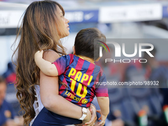 AntonellaRoccuzzo, Messi's wife, and his son,  in the match between FC Barcelona and Getafe, for Week 36 of the spanish Liga BBVA played at...