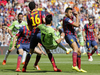 Lafita, Sergio Busquets and Alexis Sanchez in the match between FC Barcelona and Getafe, for Week 36 of the spanish Liga BBVA played at the...