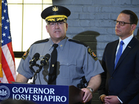 PA State Police Commissioner Christopher L. Paris speaks in reaction to PA Governor Shapiros Administration announcement for the veterinary...