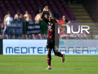 Lassana Coulibaly of US Salernitana celebrates after scoring third goal during the Serie A match between US Salernitana and US Sassuolo at S...