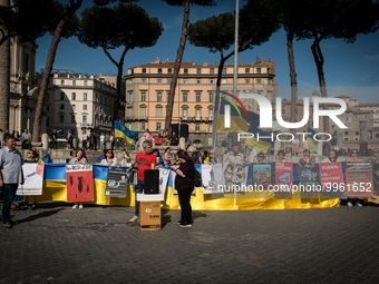 Ukrainian citizens demonstrate in the centre of Rome against the war in Ukraine  on April 23, 2023 in Rome, Italy. (