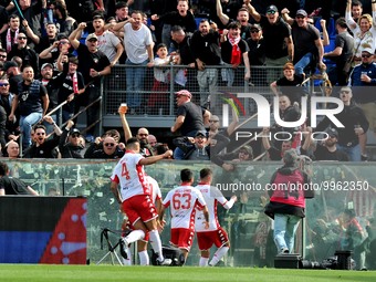 Players of Bari celebrate with their fans during the Italian soccer Serie B match AC Pisa vs SSC Bari on April 23, 2023 at the Arena Garibal...