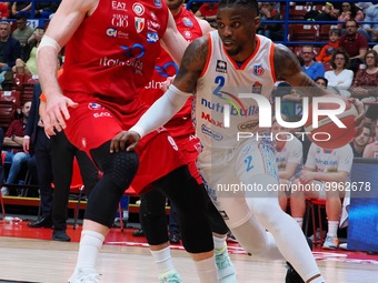 Ike Iroegbu (Nutribullet Treviso Basket) thwarted by Nicolo Melli (EA7 Emporio Armani Olimpia Milano) during the Italian Basketball Serie A...