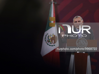 Adan Augusto Lopez Hernandez, Secretary of the Interior, leads a morning conference at the National Palace in Mexico City, after Andres Manu...