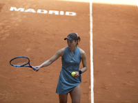 Viktoriya Tomova of Bulgaria in action against Leyre Romero Gormaz of Spain during qualifying at the Mutua Madrid Open 2023 tennis tournamen...