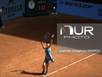 Viktoriya Tomova of Bulgaria in action against Leyre Romero Gormaz of Spain during qualifying at the Mutua Madrid Open 2023 tennis tournamen...