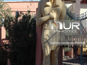 Egyptian themed statue at the Atlas Film Studios in the High Atlas Mountains in Ouarzazate, Morocco, Africa. The Atlas Film Studios is the b...