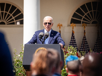 President Joe Biden, speaks at an event honoring Teachers of the Year in the White House Rose Garden.  The teachers were chosen for excellen...