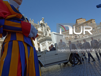Pope Francis attends his weekly general audience in St. Peter's Square at The Vatican, Wednesday, April 26, 2023.  (