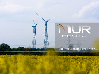 

Two wind turbines are seen behind a rapeseed field in Wesseling, Germany, on April 26, 2023 (