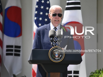 Joe Biden delivers remarks. Joint Press Conference at the White House with President of South Korea Yoon Suk-yeol and President of the Unite...