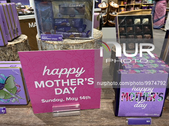 Chocolates displayed in an upscale chocolate shop for the upcoming holiday of Mother's Day in Toronto, Ontario, Canada, on April 20, 2023. (