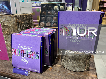 Chocolates displayed in an upscale chocolate shop for the upcoming holiday of Mother's Day in Toronto, Ontario, Canada, on April 20, 2023. (