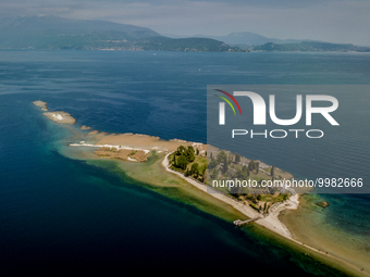 A drone view of San Biagio Island, also known as Rabbit Island, on Lake Garda as the lake's water levels recede due to a severe drought in M...