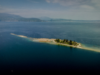 A drone view of San Biagio Island, also known as Rabbit Island, on Lake Garda as the lake's water levels recede due to a severe drought in M...