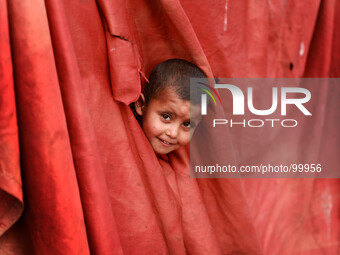 Palestinian children from the Bedouin by playing outside the family hut in Gaza City, on May 4, 2014.(