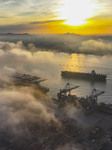 Container Terminal Under Heavy Fog at Qingdao Port.