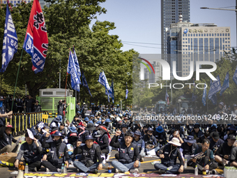 Metalworkers Chant Demands For Labor Law Reform At Seoul Rally