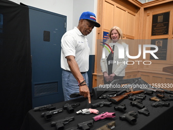 Press Conference With New York City Mayor Eric Adams And NYPD Police Commissioner Jessica Tisch At 42nd Precinct