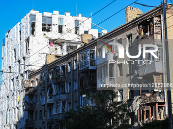 Aftermath of Russian shelling of Kyiv in Holosiivskyi district.