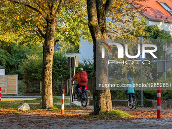 Father And Child Cycling With Helmets In Autumn