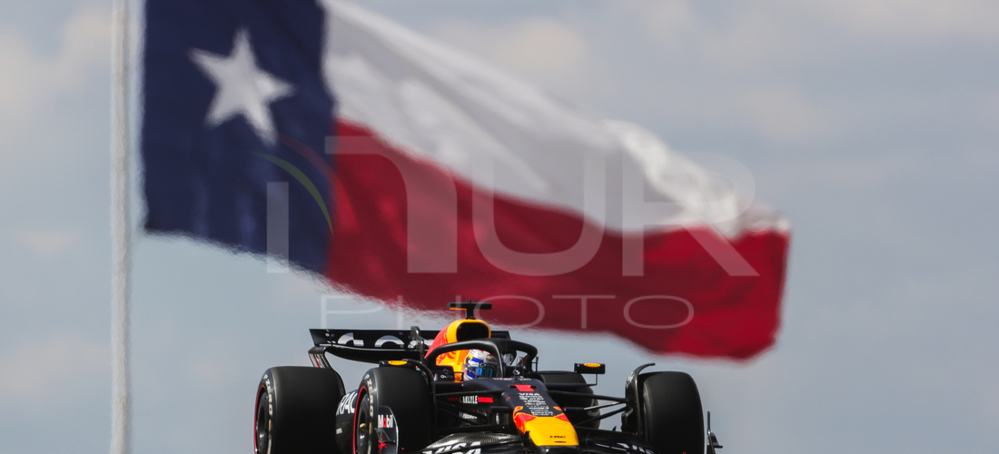 Editorial photography: Liam Lawson drives during a free practice session with the Texas flag behind him ahead of the Formula 1 MSC Cruises United States Grand Prix...