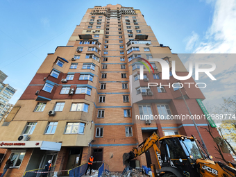 High-rise building damaged in Sviatoshynskyi district of Kyiv following Russian shelling .