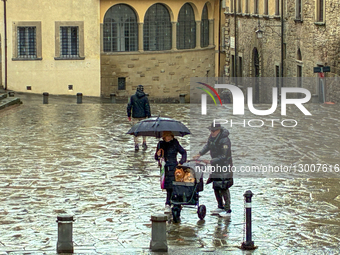 A Couple Walking In Rain With Small Dogs In A Stroller