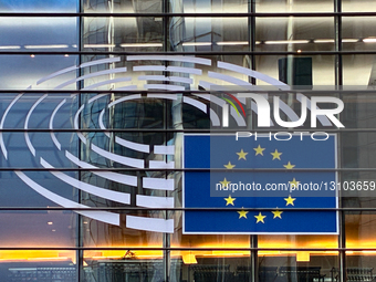 European Parliament Logo And EU Flag Symbol In Brussels
