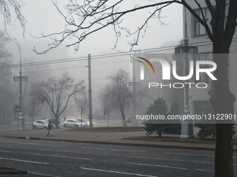 Fog blankets Kharkiv in winter.