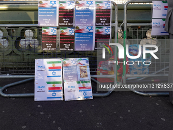 Pro-monarchy Iranian And Pro-Israel Flags And Signs On Westminster Bridge In London