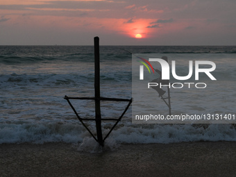 Stilt Fishermen Fish At The Beach In Koggala, Sri Lanka