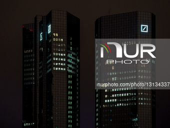 Deutsche Bank Twin Towers Headquarters Illuminated At Night In Frankfurt