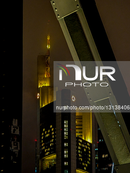 Illuminated Commerzbank Tower Headquarters In The Banking District Of Frankfurt