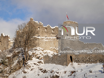 Snow​​ Covered Tyrolean​ Ehrenberg Castle Ruins In Reutte