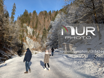 Day Tripper Walking Through Snowy Partnach Gorge Area In The Bavarian Alps