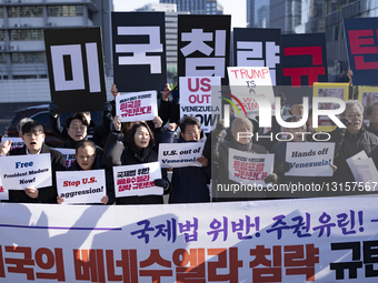 South Korean Activists Condemn Potential U.S. Military Intervention in Venezuela Outside Embassy in Seoul