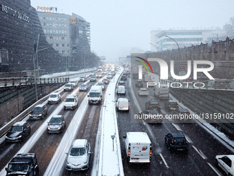 Traffic Jam In Paris Due To The Snow