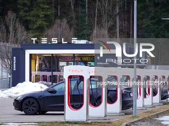 Tesla Supercharger Station For Electric Vehicles In Bavaria