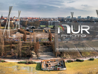 Controlled demolition of two floodlight poles of the Friedrich-Ludwig-Jahn-Sport park in Berlin, Germany