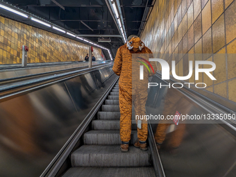 Man In Carnival Tiger Costume On Subway Escalator In Munich