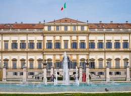 Royal Villa of Monza Exterior with Fountain and Italian Flag
