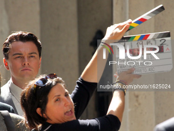 Leonardo DiCaprio on set  movie "Wolf of Wall Street" in New York City
