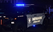 Newark police logo on a Newark police vehicle at the crime scene on Stengel Avenue. Fatal...