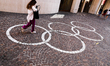 Olympic symbol is seen near the Stade Louis II in Monaco on May 23, 2023. 